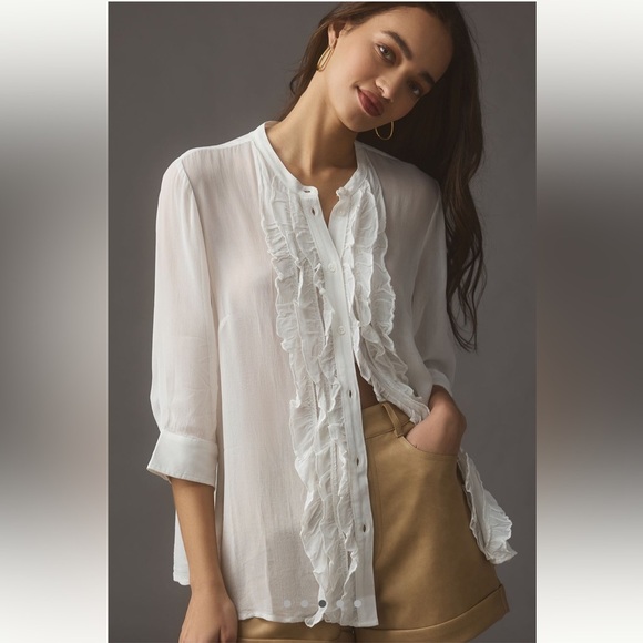 Maeve Anthropologie White Ruffle Front buttondown shirt M NWT - Picture 1 of 5